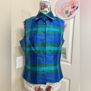 Ice Blue and Green Plaid  Silk Button Down Shirt